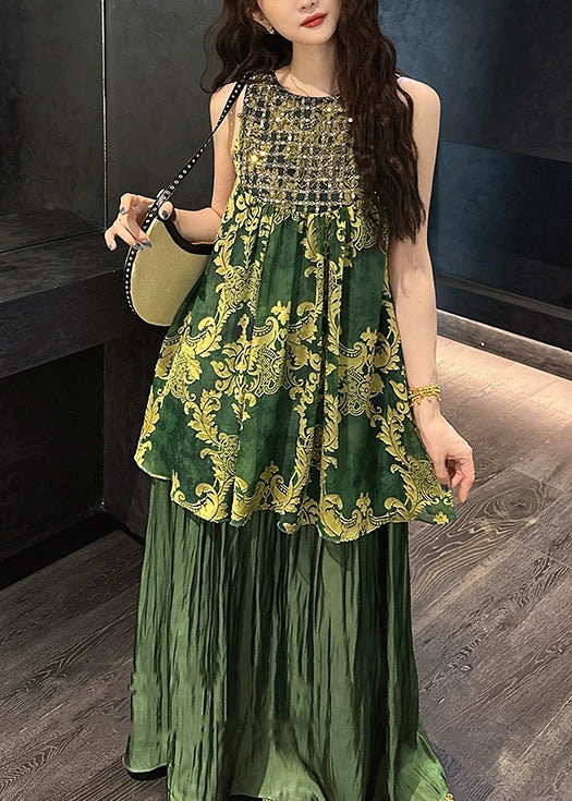 Italian Green O Neck Sequins Tulle Patchwork Silk Dresses Sleeveless
