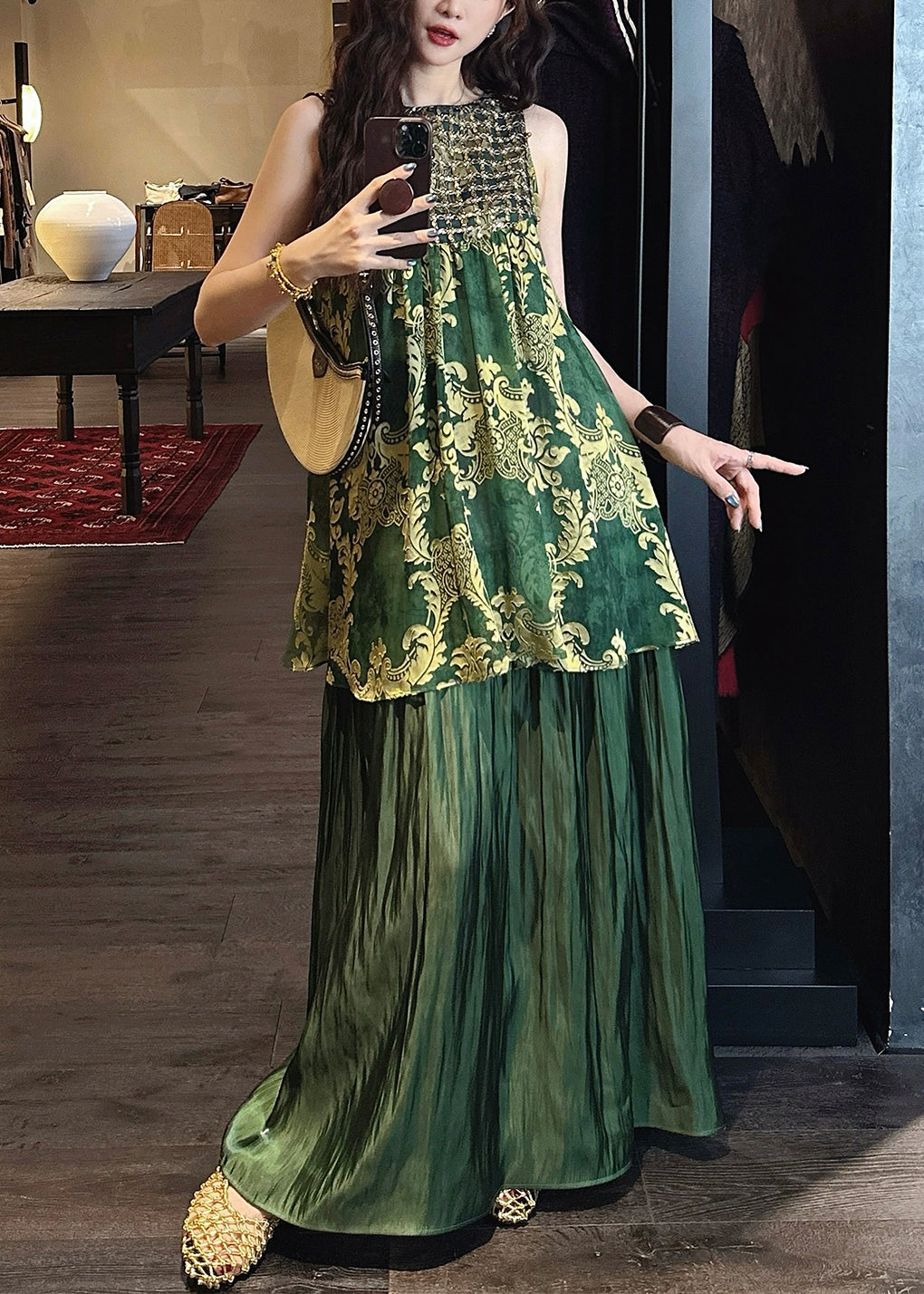 Italian Green O Neck Sequins Tulle Patchwork Silk Dresses Sleeveless