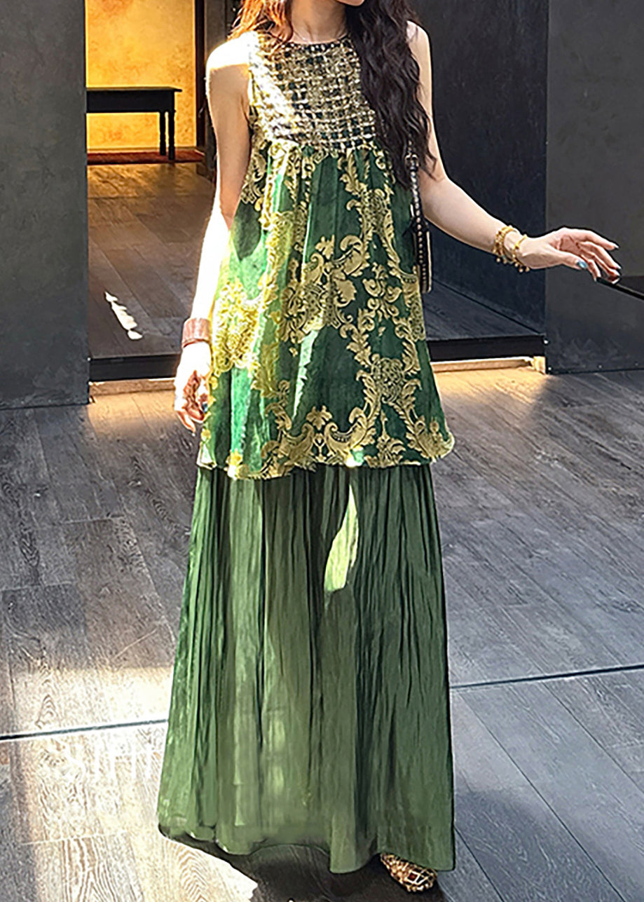 Italian Green O Neck Sequins Tulle Patchwork Silk Dresses Sleeveless