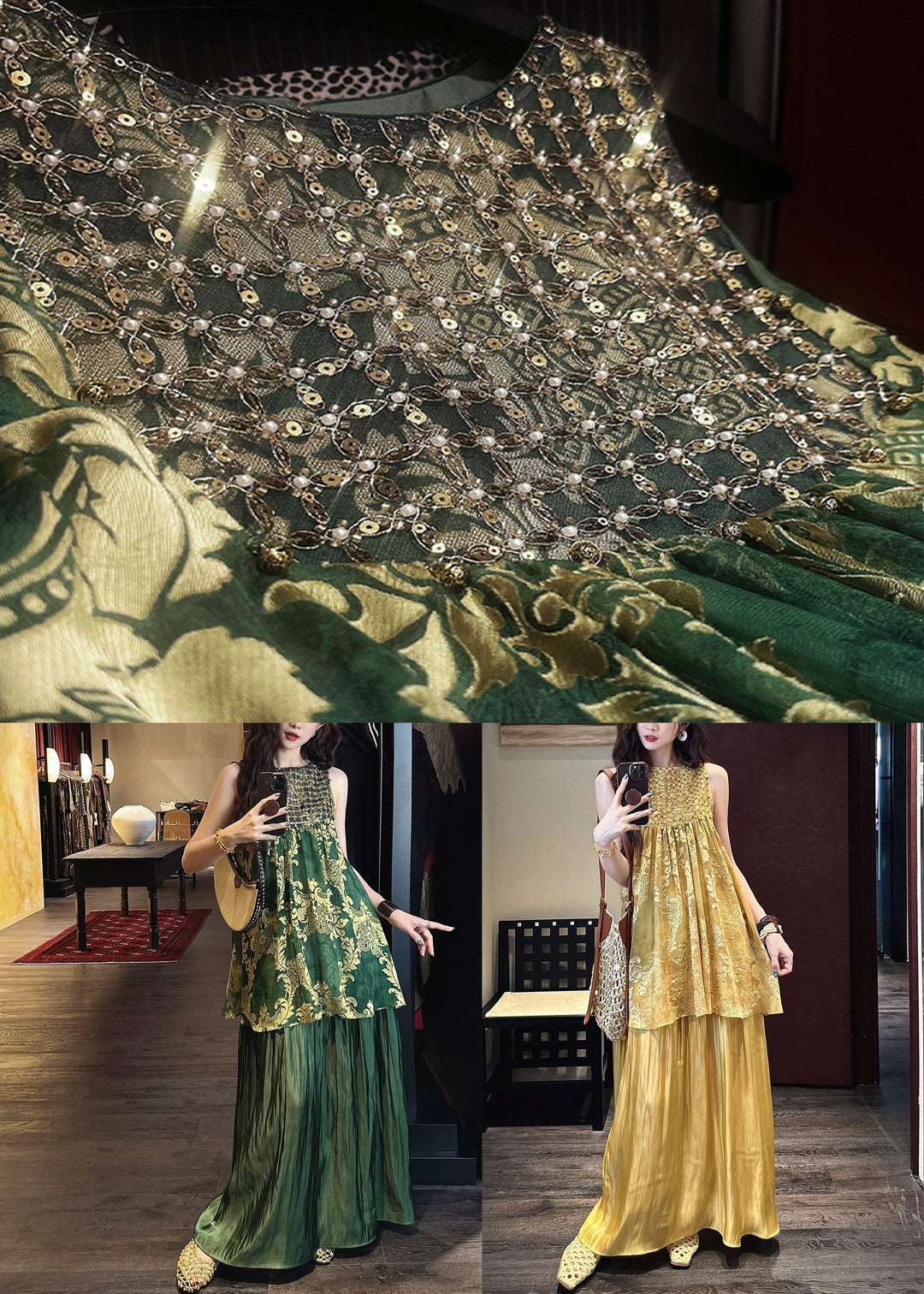 Italian Green O Neck Sequins Tulle Patchwork Silk Dresses Sleeveless