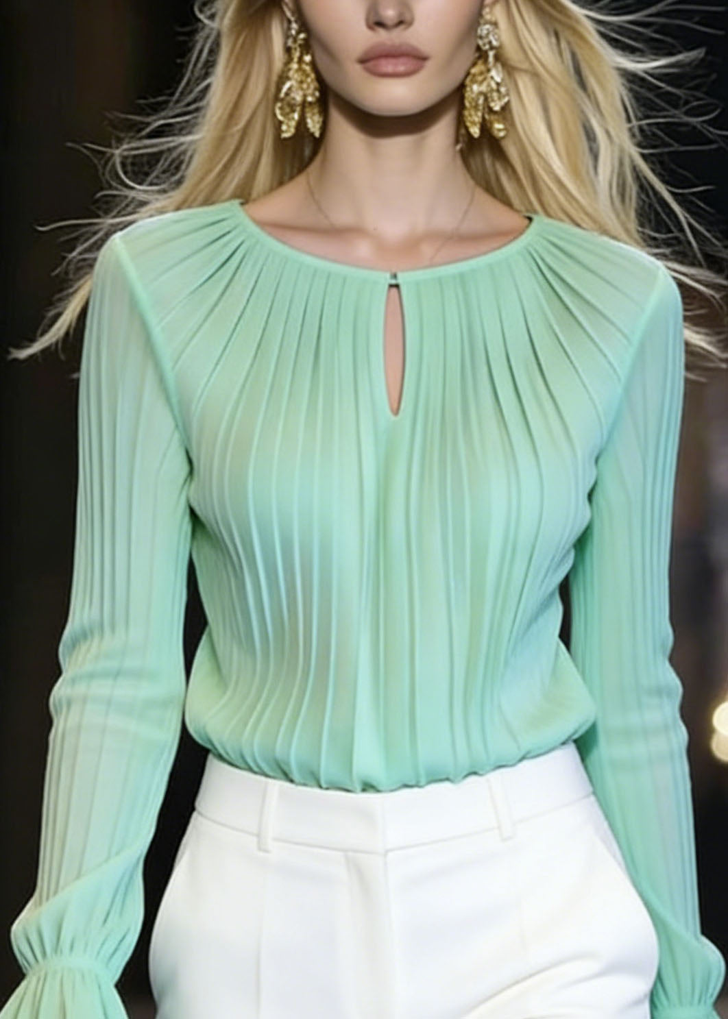Italian Green O Neck Wrinkled Chiffon Top Flare Sleeve
