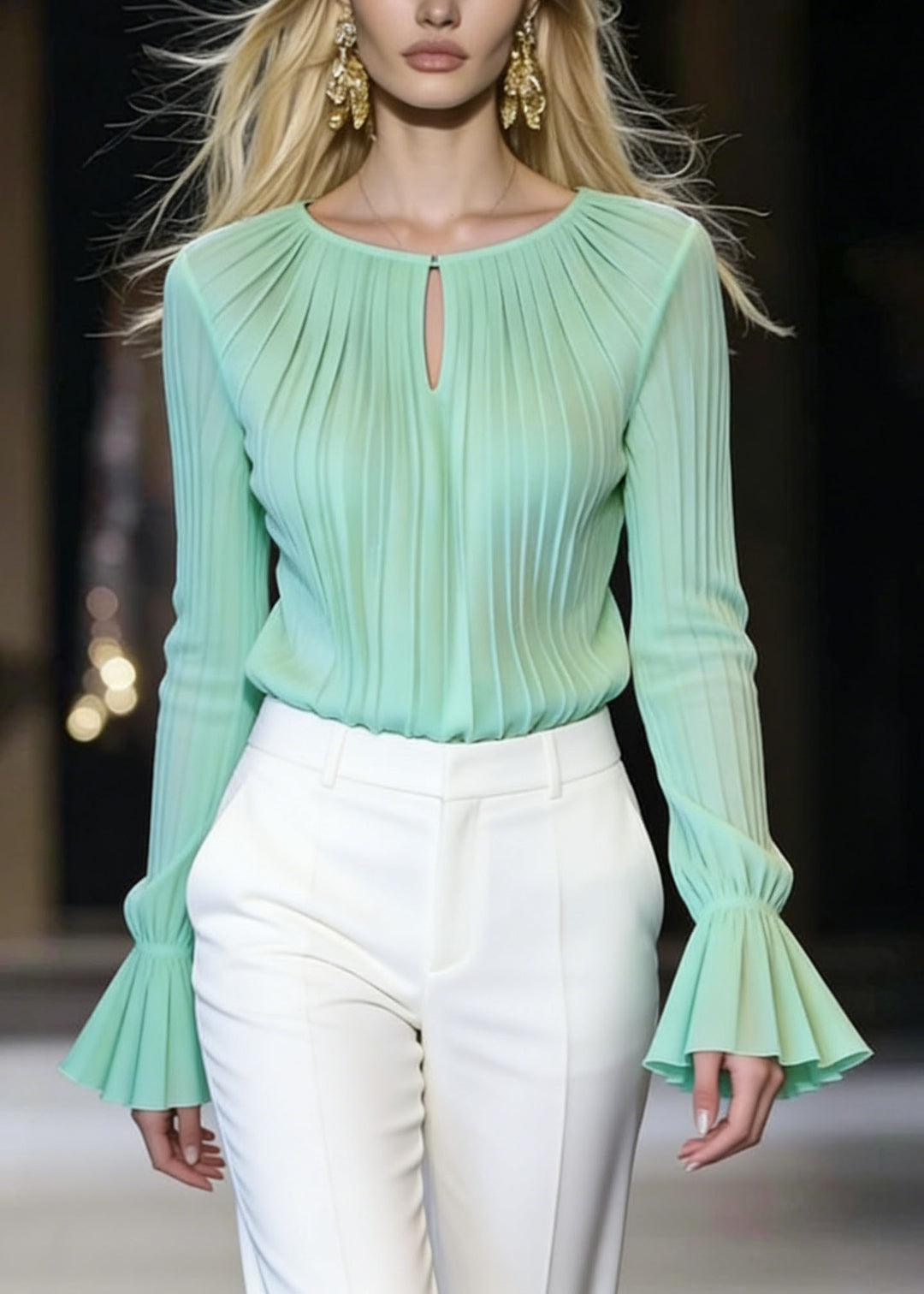 Italian Green O Neck Wrinkled Chiffon Top Flare Sleeve