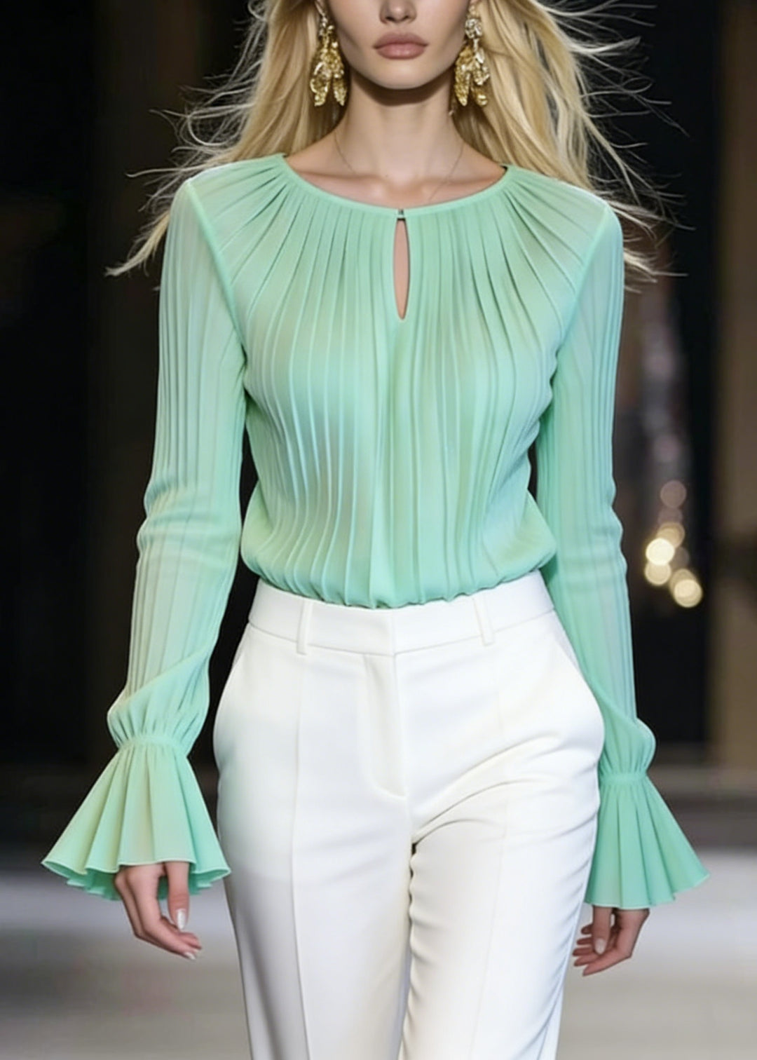 Italian Green O Neck Wrinkled Chiffon Top Flare Sleeve