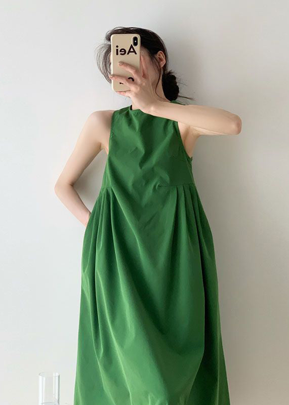 Italian Green O Neck Wrinkled Patchwork Cotton Dress Sleeveless