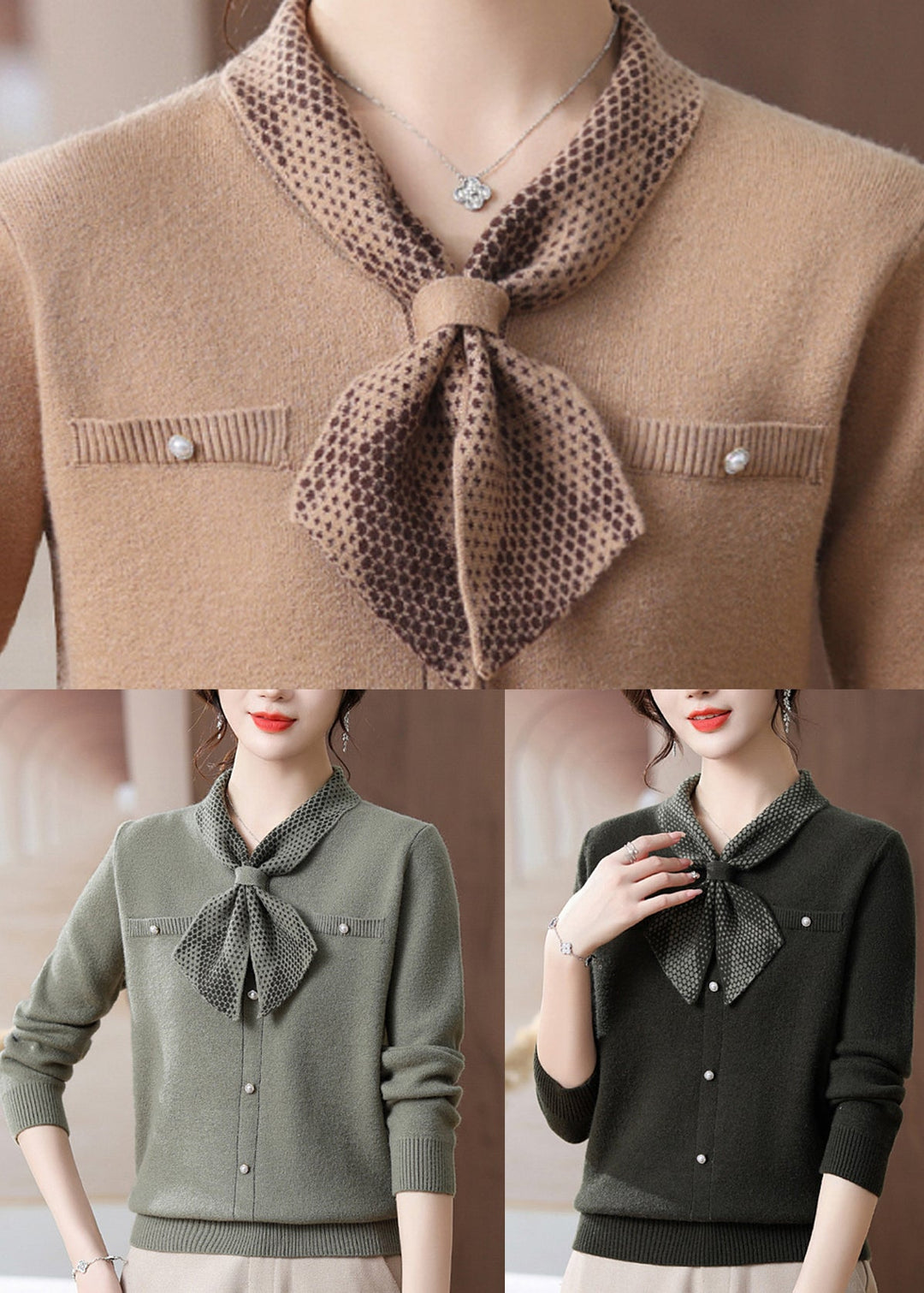 Italian Green Patchwork Cotton Knit Sweaters Fall