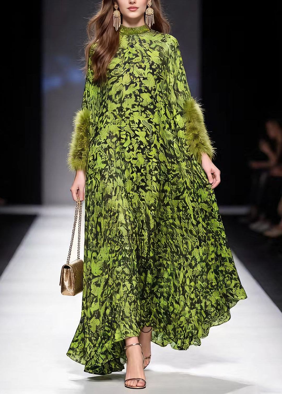 Italian Green Print Fur Patchwork Chiffon Maxi Dresses Spring