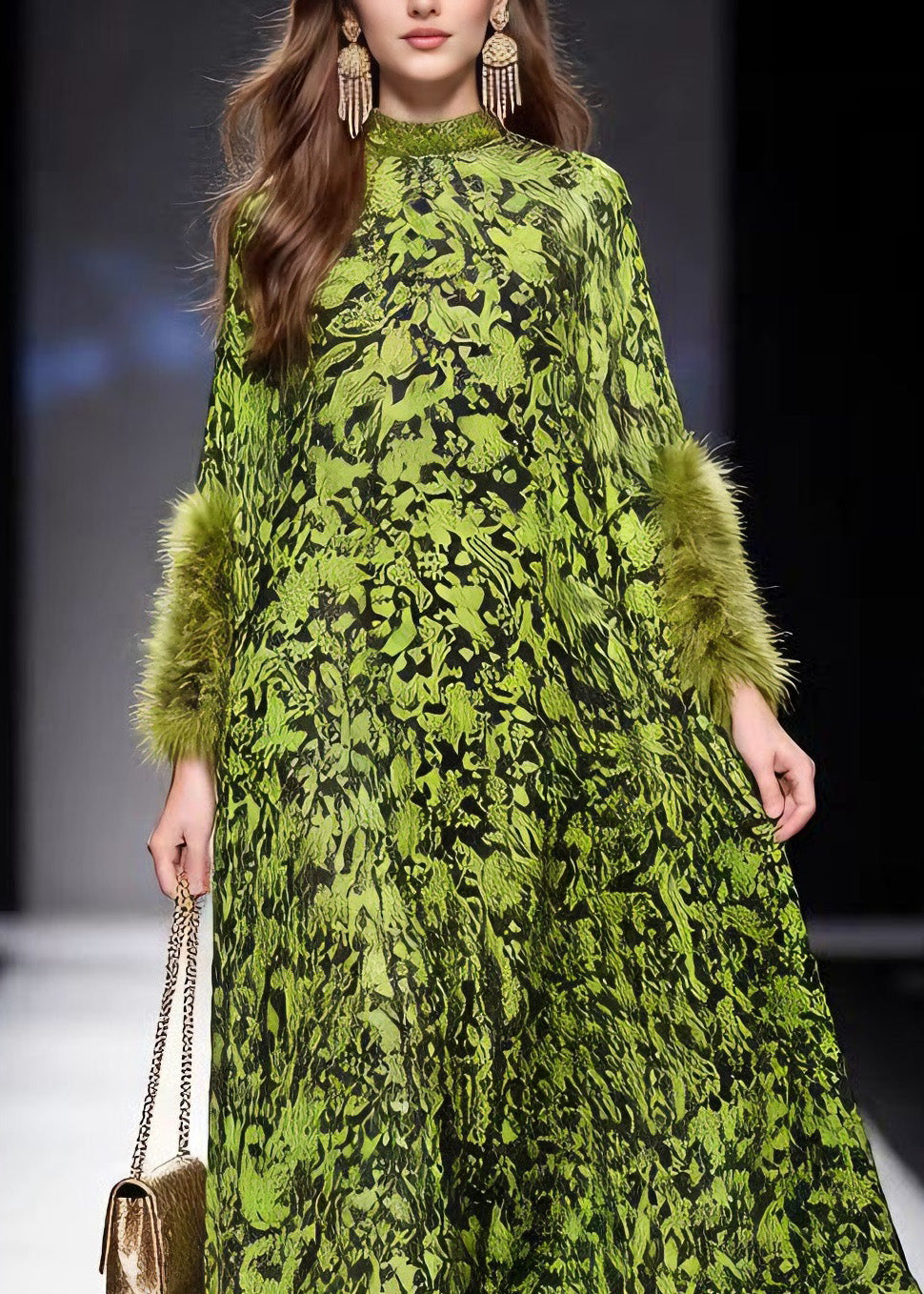 Italian Green Print Fur Patchwork Chiffon Maxi Dresses Spring