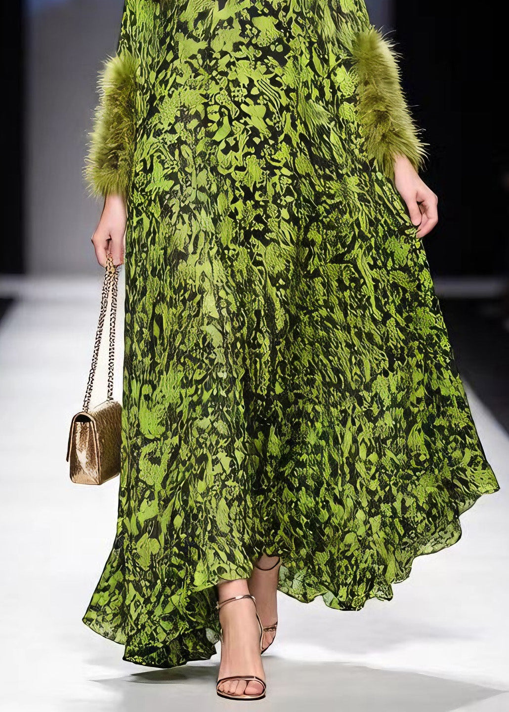 Italian Green Print Fur Patchwork Chiffon Maxi Dresses Spring