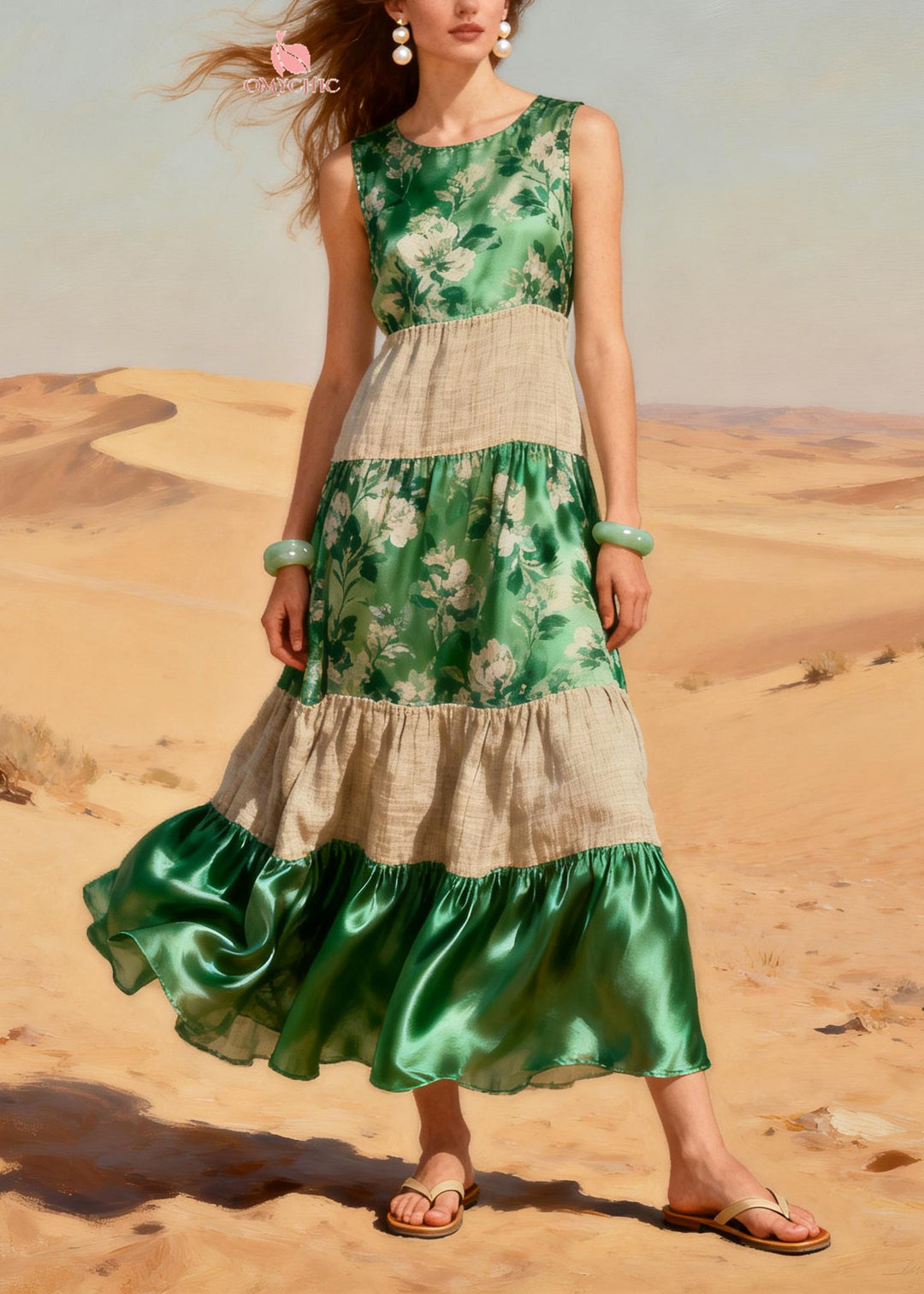 Italian Green Print Patchwork Linen Silk Dresses Summer