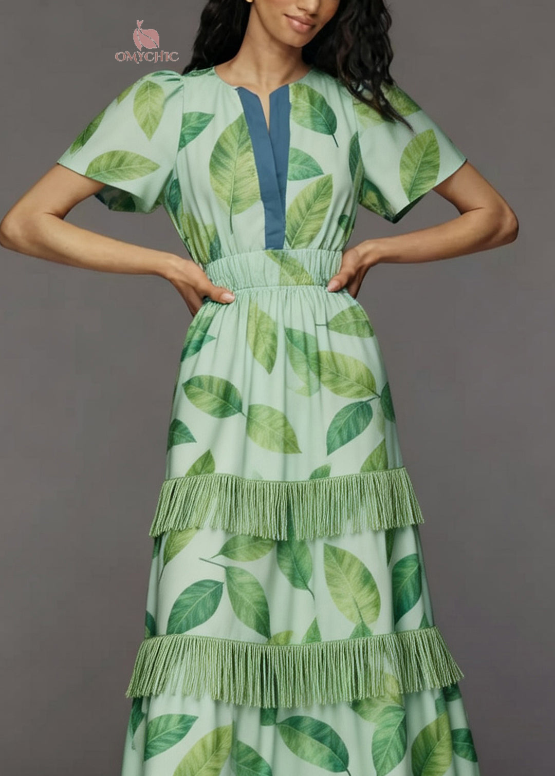 Italian Green Print Tasseled Patchwork Cotton Maxi Dresses Summer