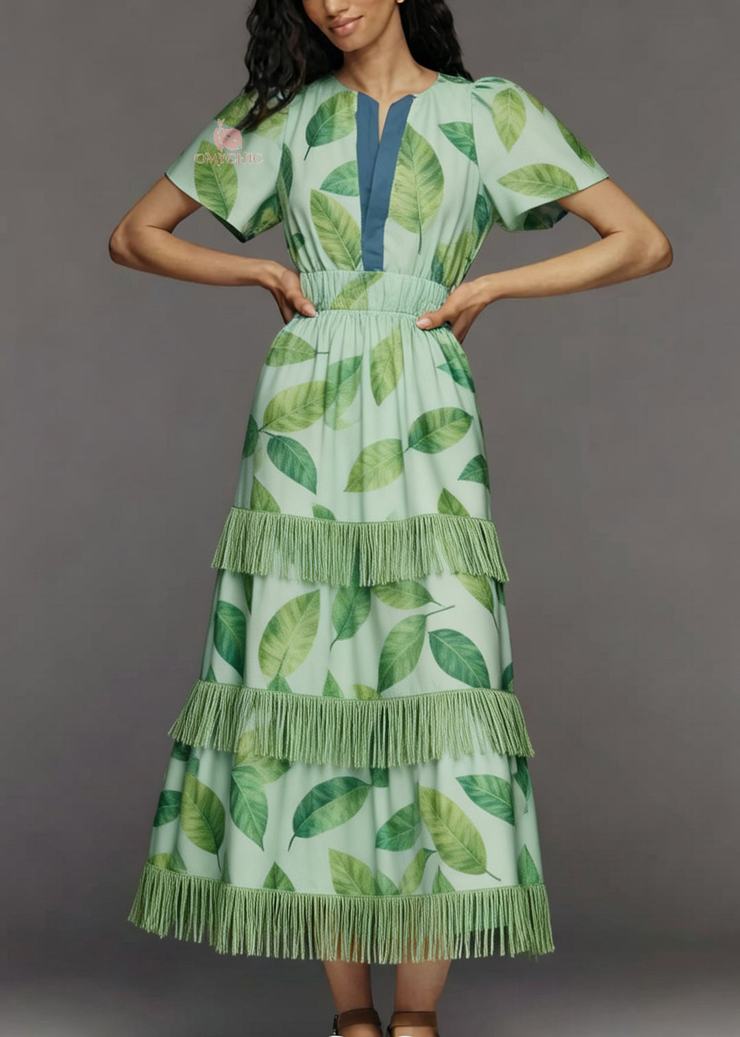 Italian Green Print Tasseled Patchwork Cotton Maxi Dresses Summer