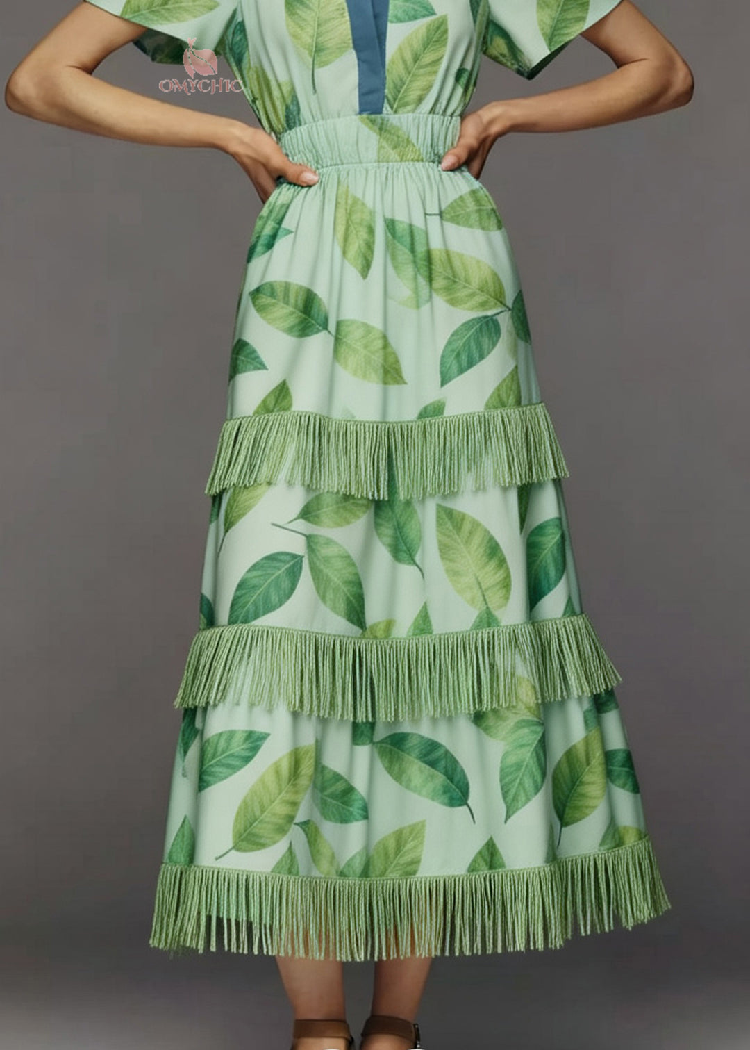 Italian Green Print Tasseled Patchwork Cotton Maxi Dresses Summer