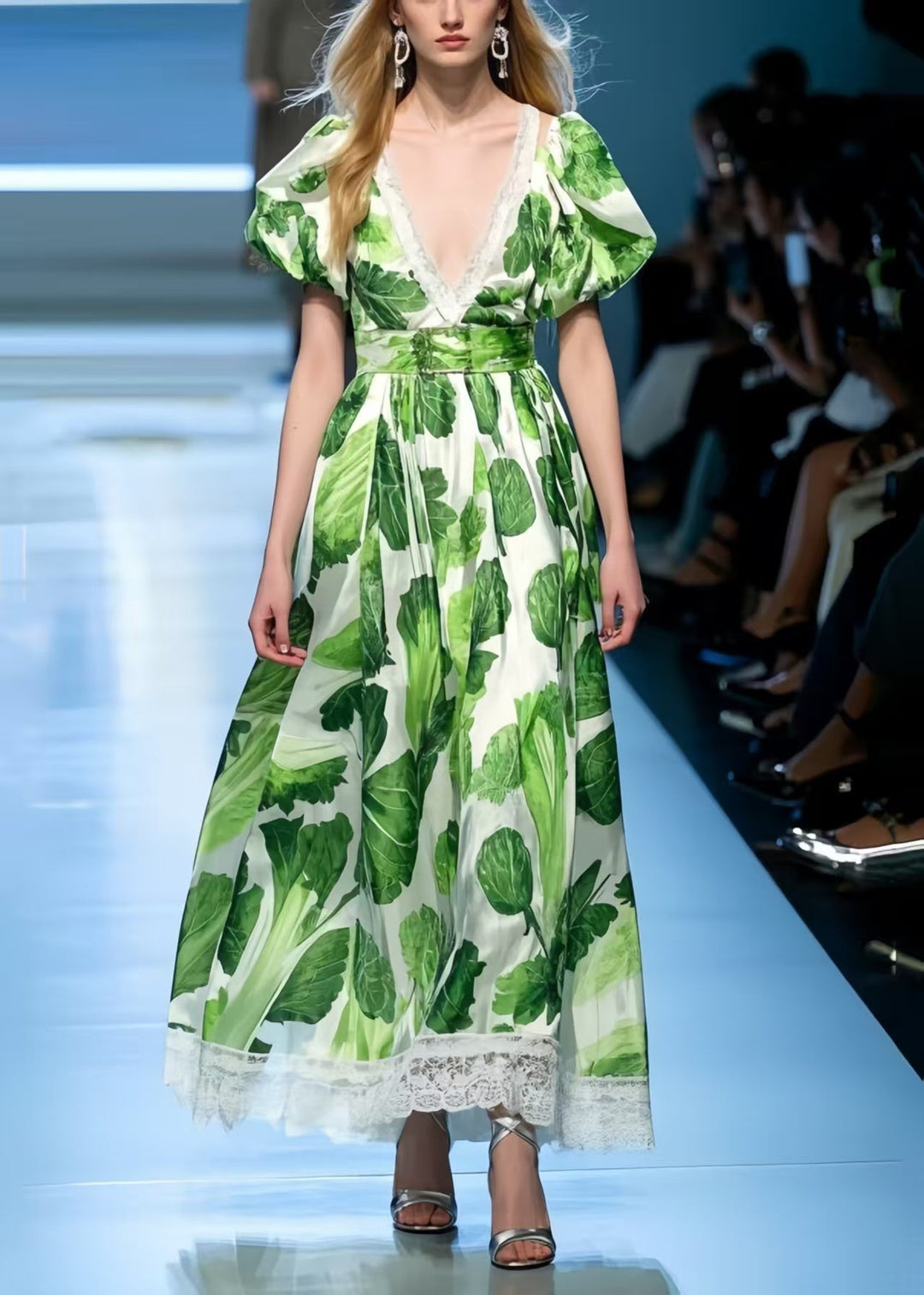 Italian Green Puff Sleeve Print Chiffon Holiday Dress Summer