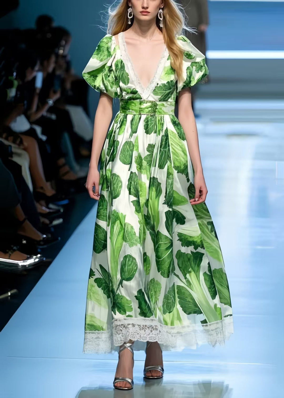 Italian Green Puff Sleeve Print Chiffon Holiday Dress Summer
