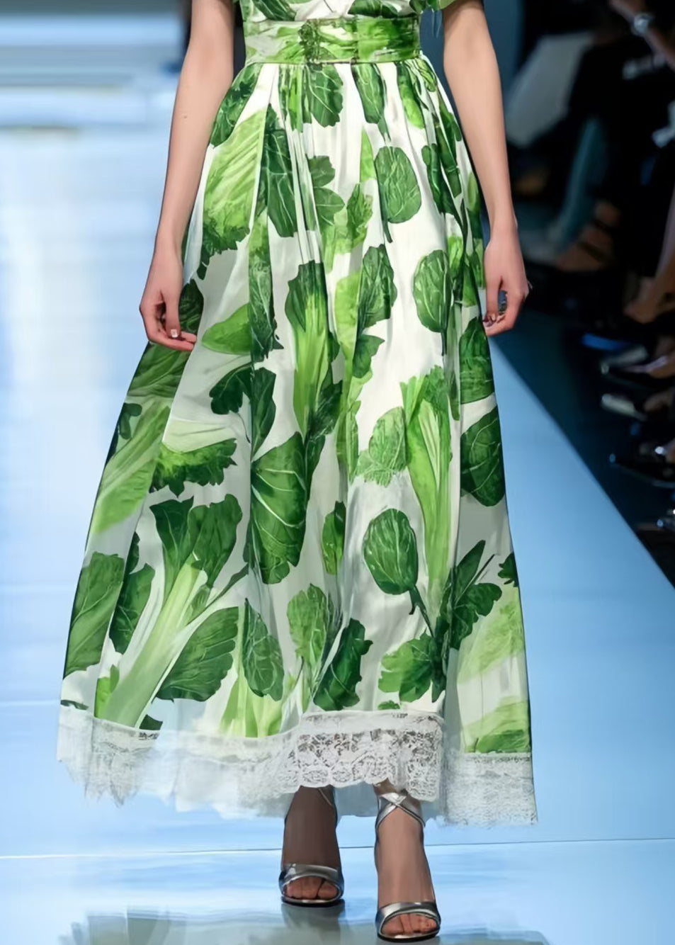 Italian Green Puff Sleeve Print Chiffon Holiday Dress Summer