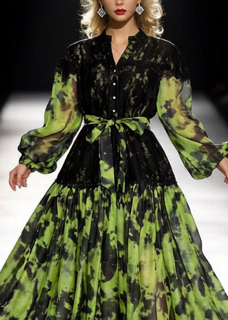 Italian Green Ruffled Lace Patchwork Maxi Dresses Spring