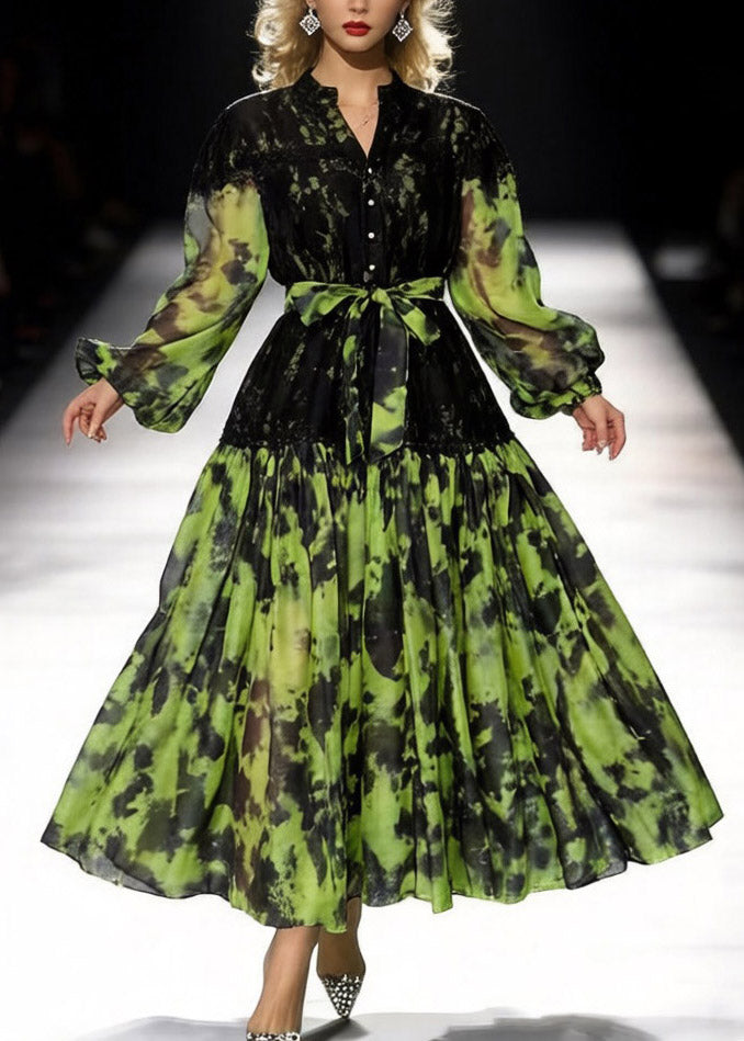 Italian Green Ruffled Lace Patchwork Maxi Dresses Spring