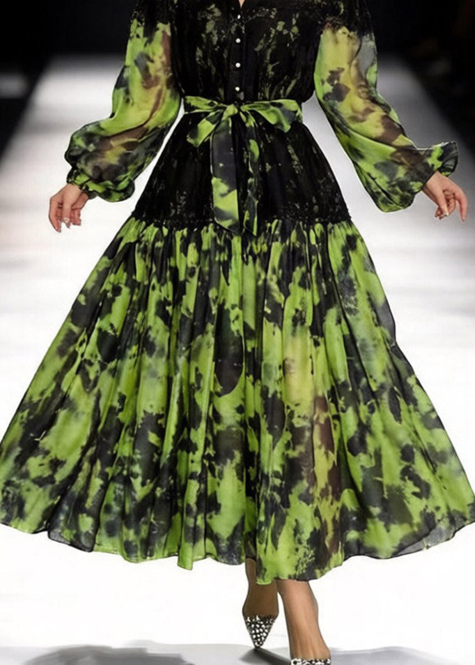Italian Green Ruffled Lace Patchwork Maxi Dresses Spring