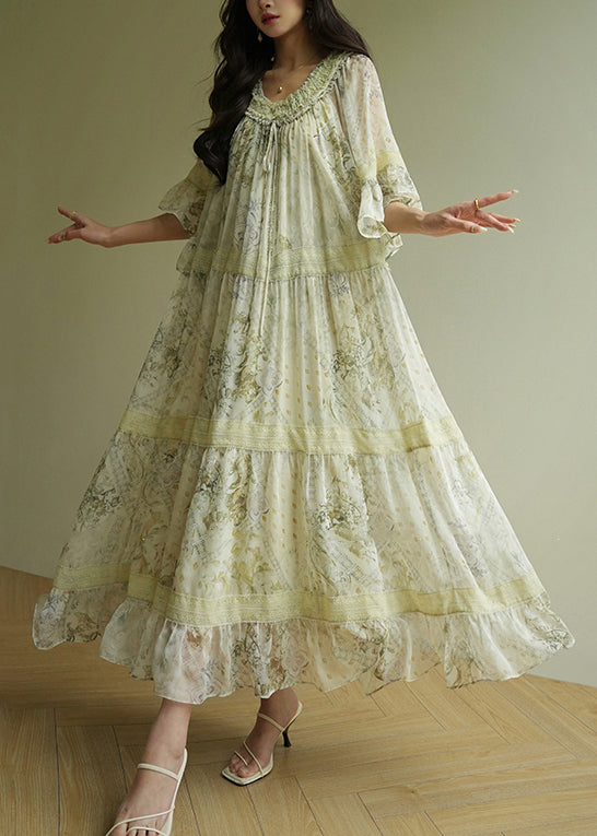 Italian Green Ruffled Print Patchwork Silk Maxi Dresses Half Sleeve