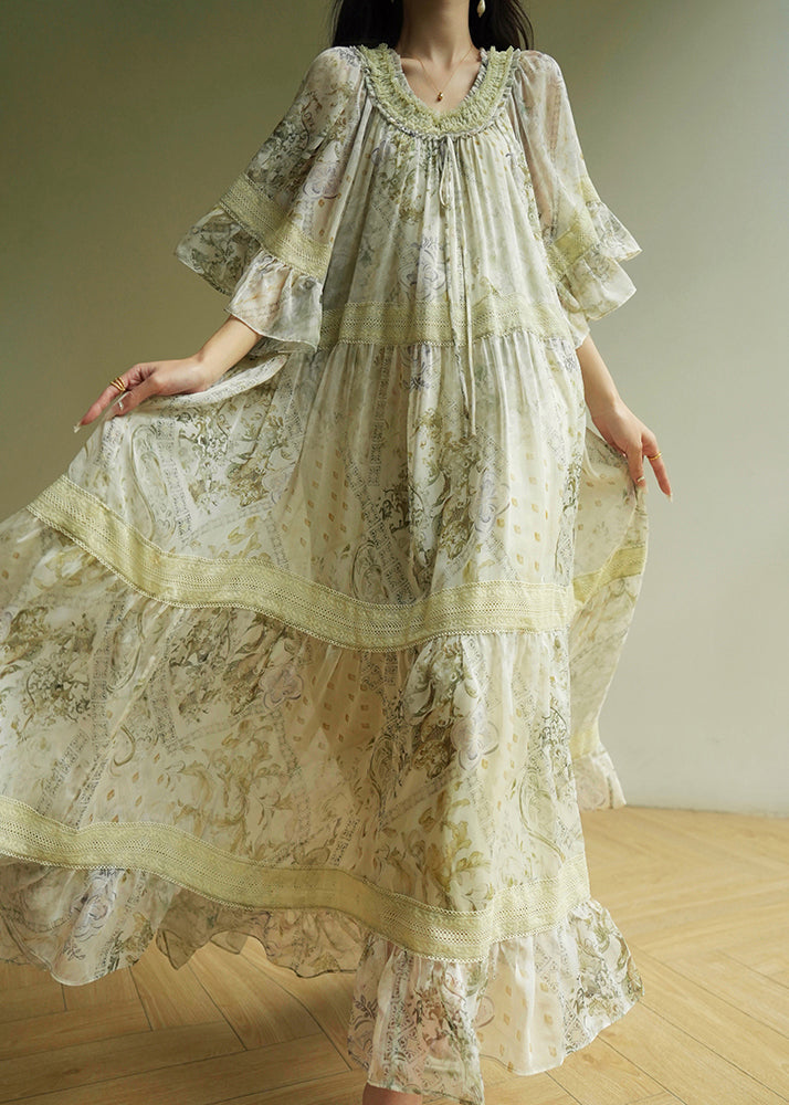 Italian Green Ruffled Print Patchwork Silk Maxi Dresses Half Sleeve