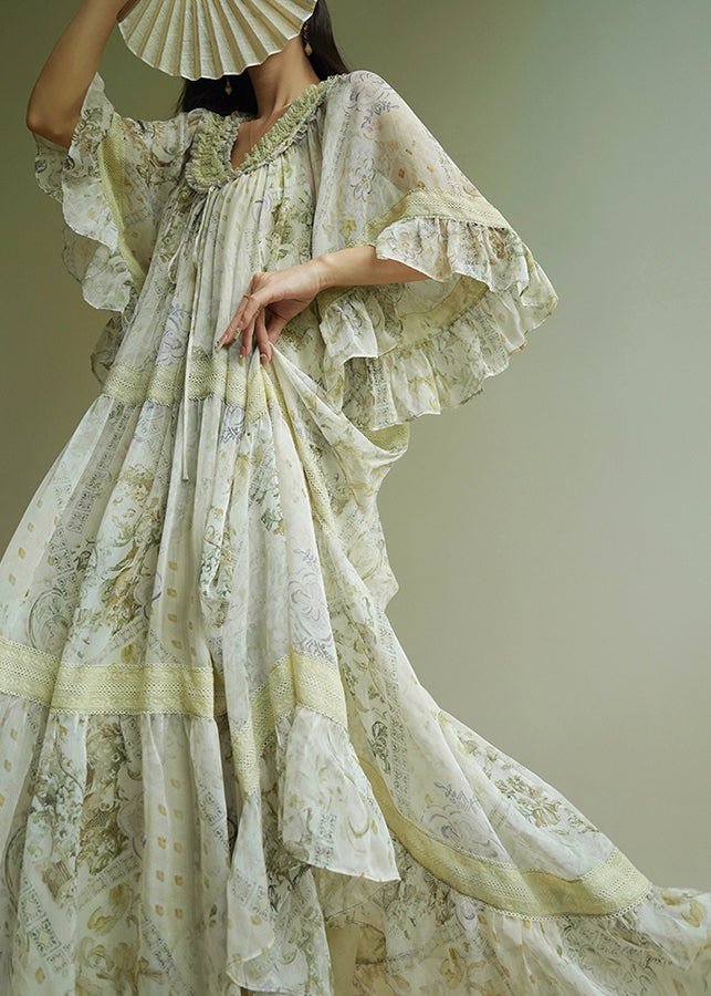 Italian Green Ruffled Print Patchwork Silk Maxi Dresses Half Sleeve