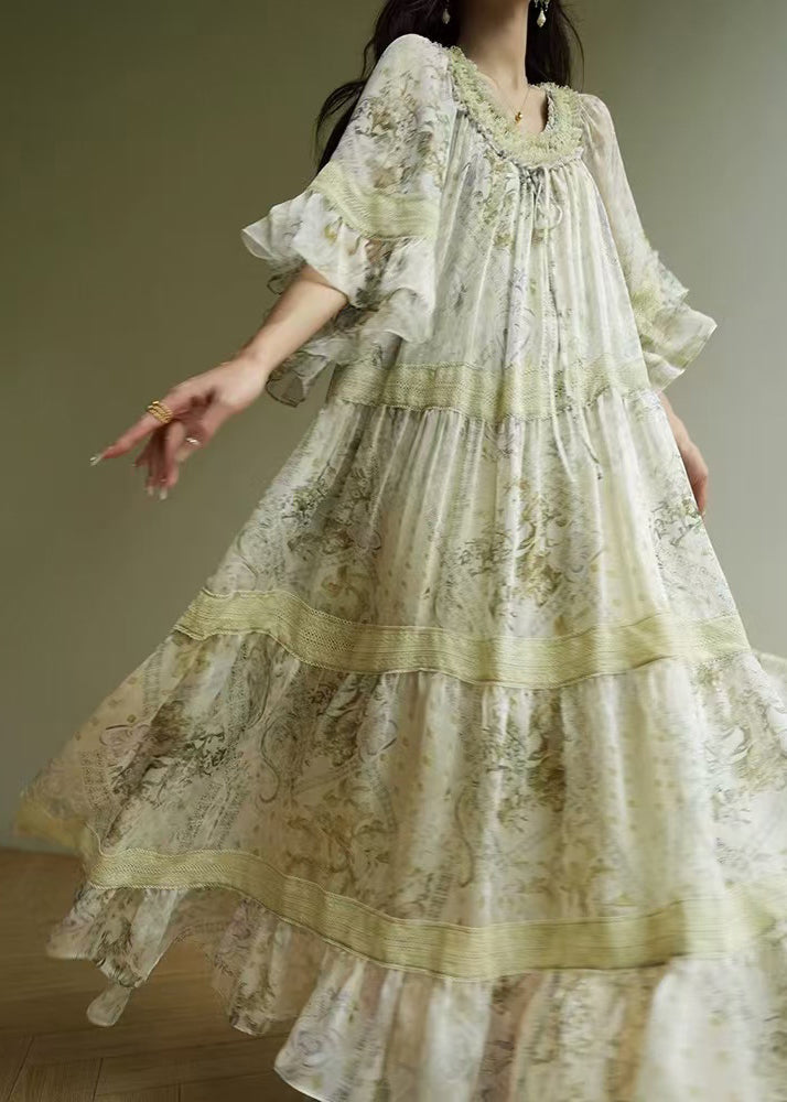 Italian Green Ruffled Print Patchwork Silk Maxi Dresses Half Sleeve