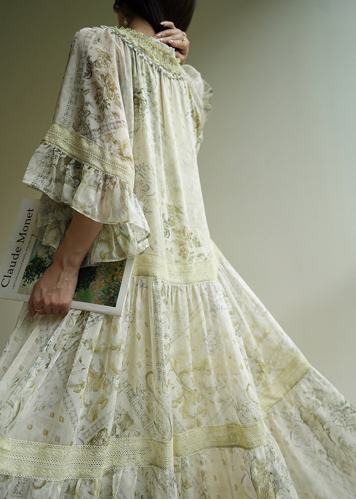 Italian Green Ruffled Print Patchwork Silk Maxi Dresses Half Sleeve