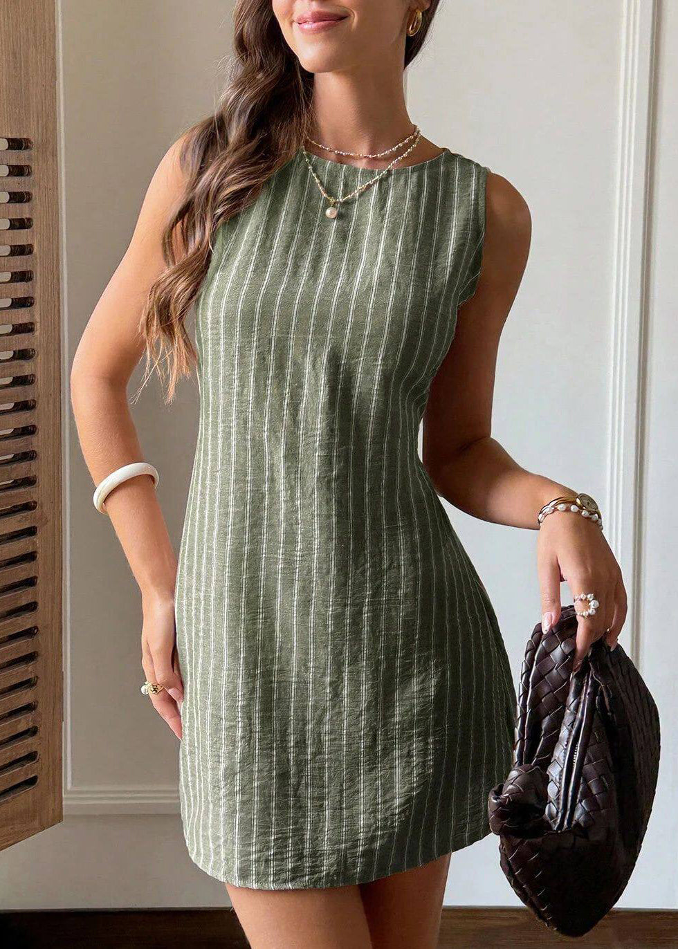Italian Green Striped Tie Waist Linen Day Dress Sleeveless