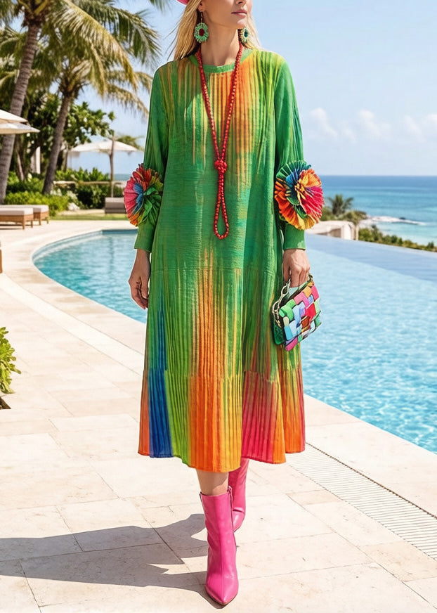 Italian Green Tie Dye Floral Decorated Cotton Maxi Dresses Spring
