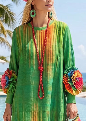 Italian Green Tie Dye Floral Decorated Cotton Maxi Dresses Spring