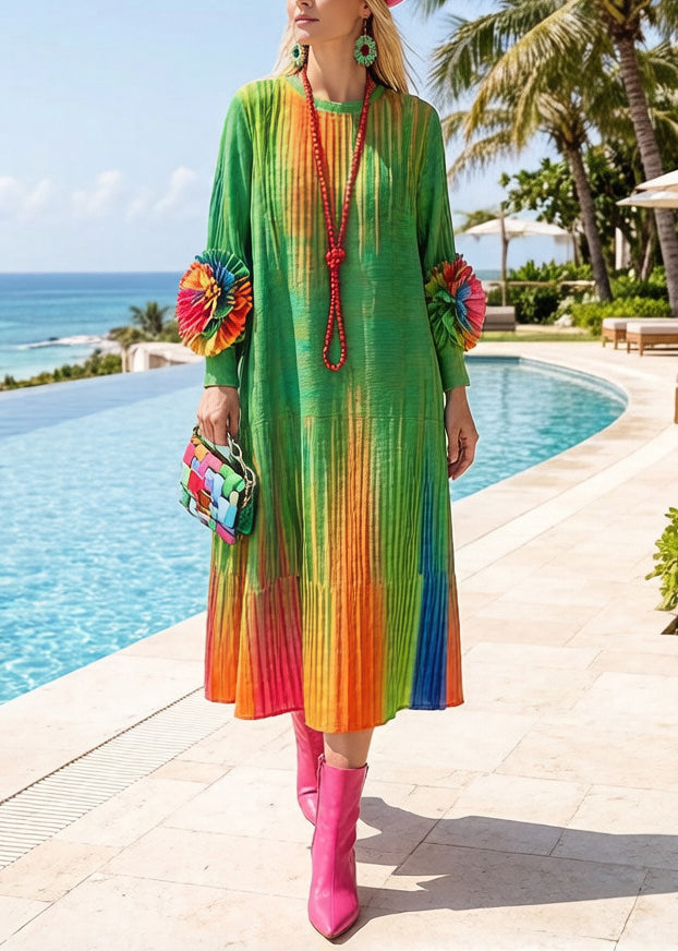 Italian Green Tie Dye Floral Decorated Cotton Maxi Dresses Spring
