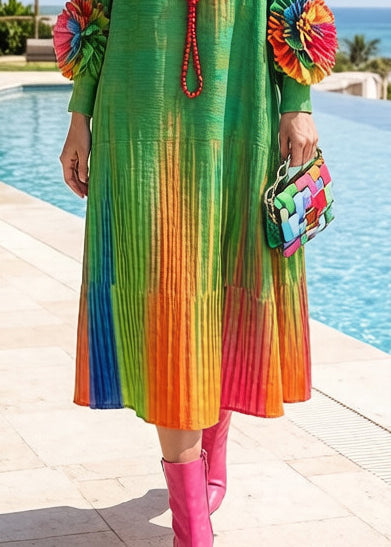 Italian Green Tie Dye Floral Decorated Cotton Maxi Dresses Spring