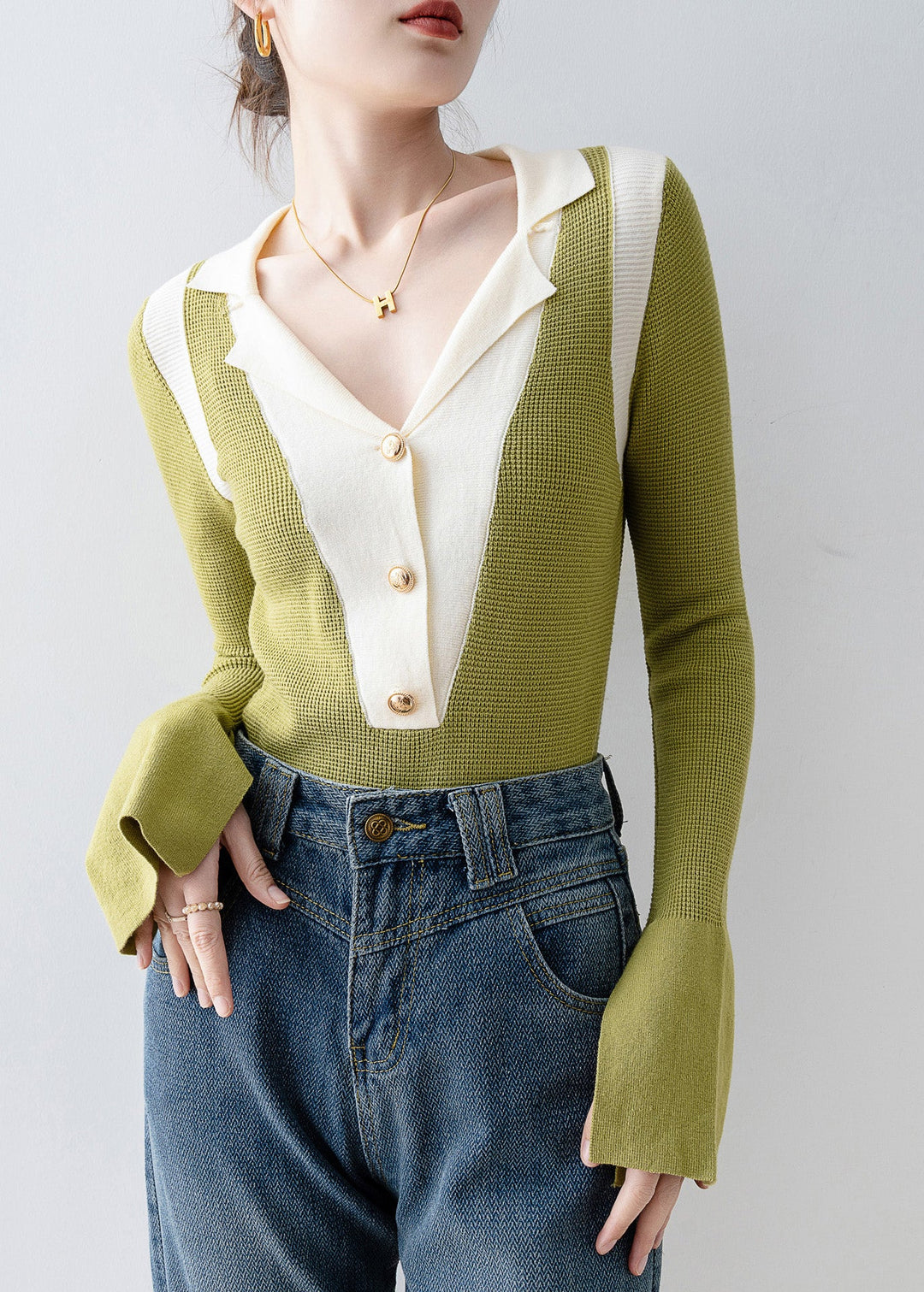 Italian Green V Neck Patchwork Knit Top Flare Sleeve