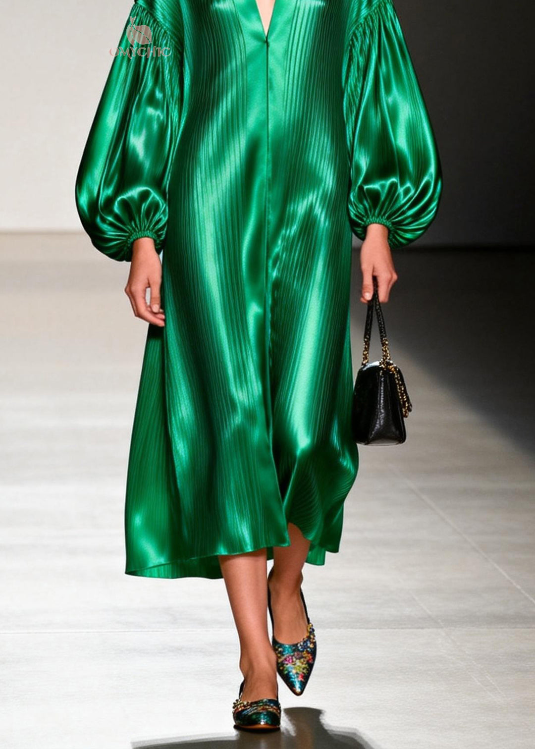 Italian Green V Neck Patchwork Silk Maxi Dresses Lantern Sleeve