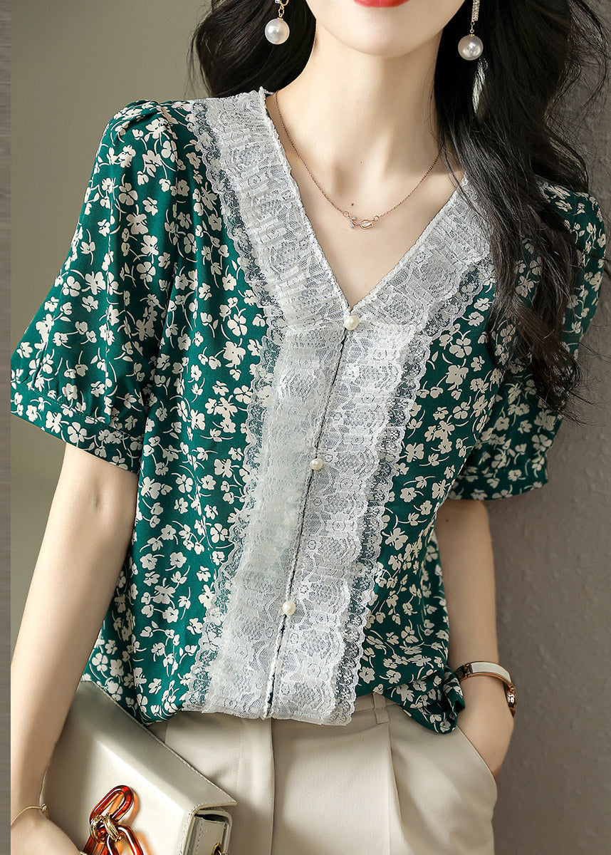 Italian Green V Neck Print Lace Patchwork Nail Bead Chiffon Shirts Summer