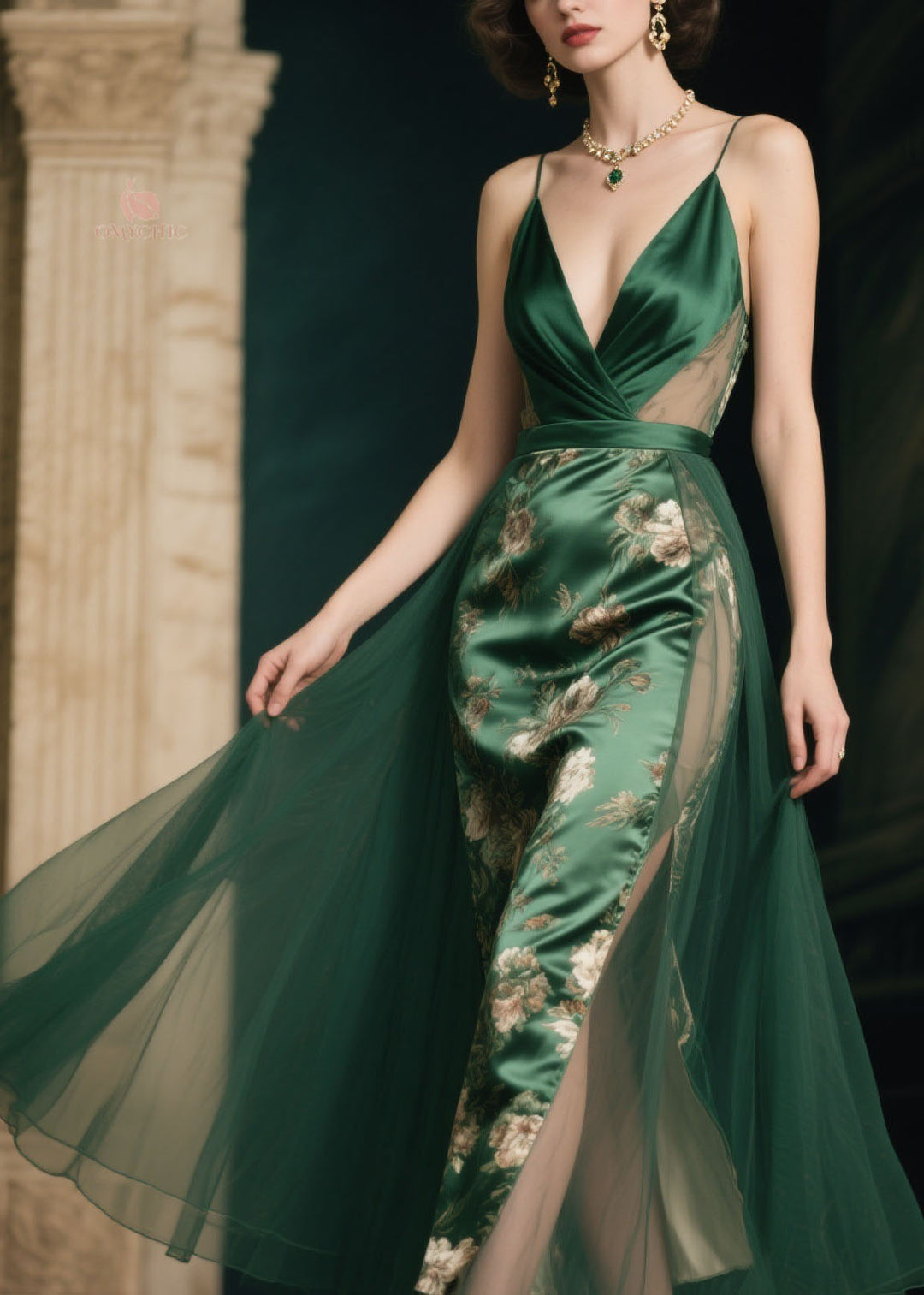 Italian Green V Neck Print Patchwork Silk Spaghetti Strap Dress Summer