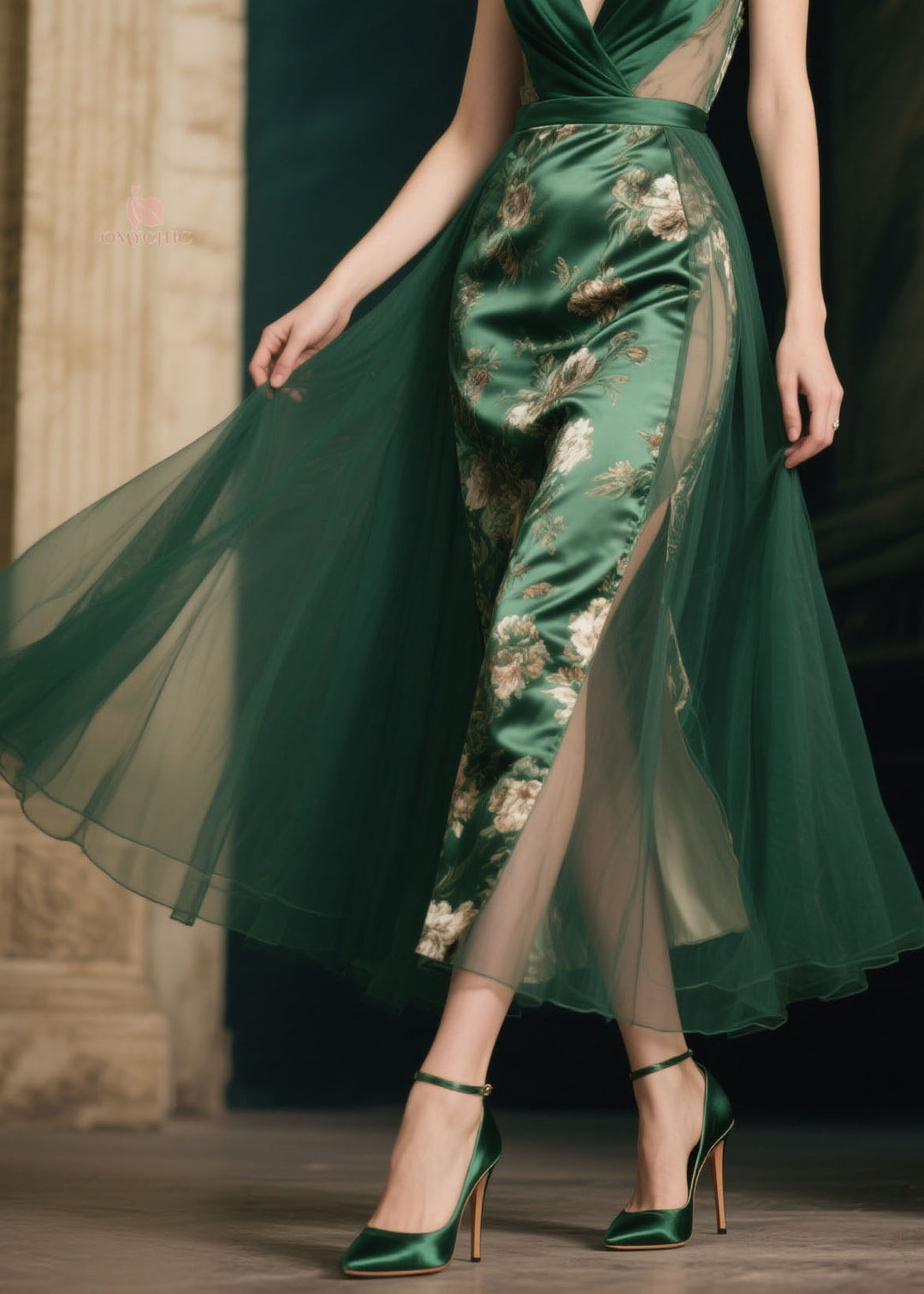 Italian Green V Neck Print Patchwork Silk Spaghetti Strap Dress Summer