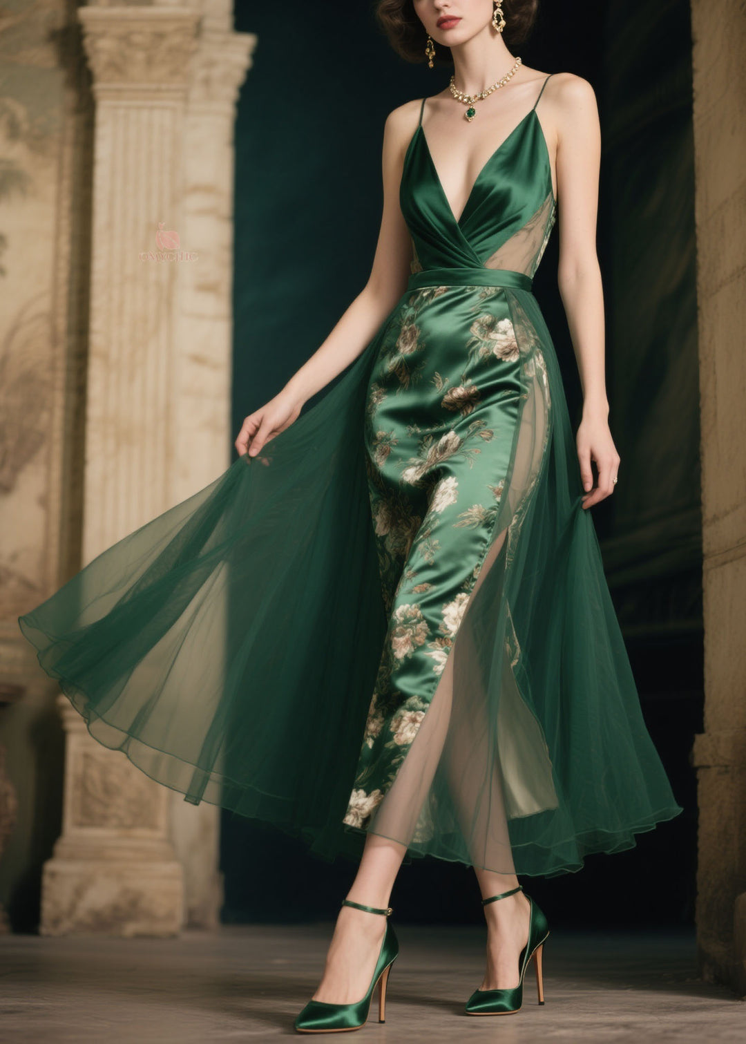Italian Green V Neck Print Patchwork Silk Spaghetti Strap Dress Summer
