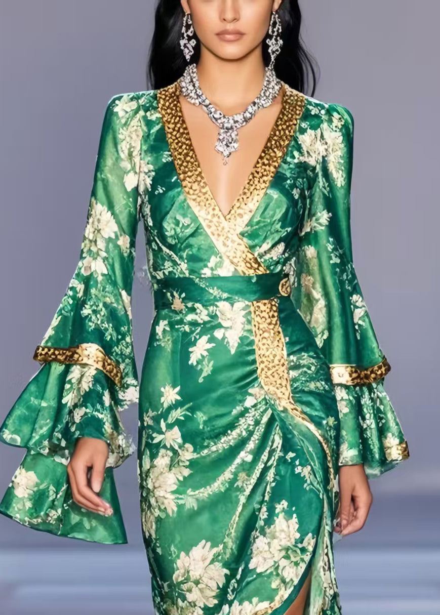 Italian Green Wraped Side Open Chiffon Ankle Dress Flare Sleeve