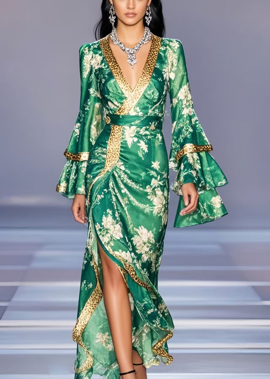 Italian Green Wraped Side Open Chiffon Ankle Dress Flare Sleeve