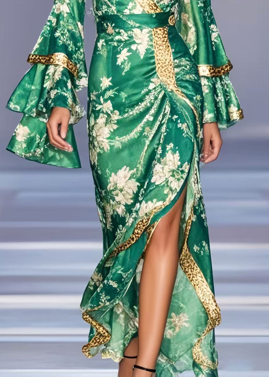 Italian Green Wraped Side Open Chiffon Ankle Dress Flare Sleeve
