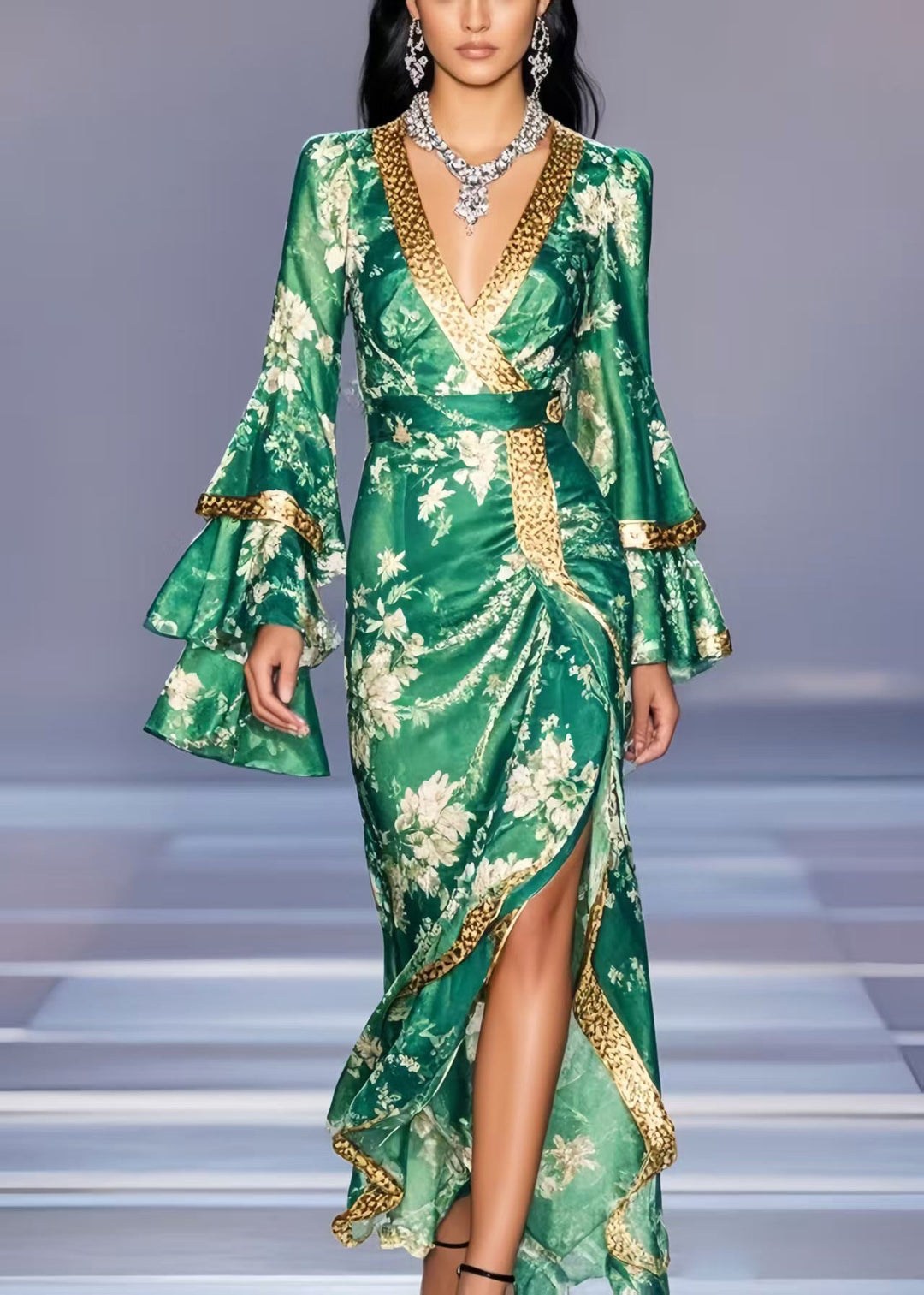 Italian Green Wraped Side Open Chiffon Ankle Dress Flare Sleeve
