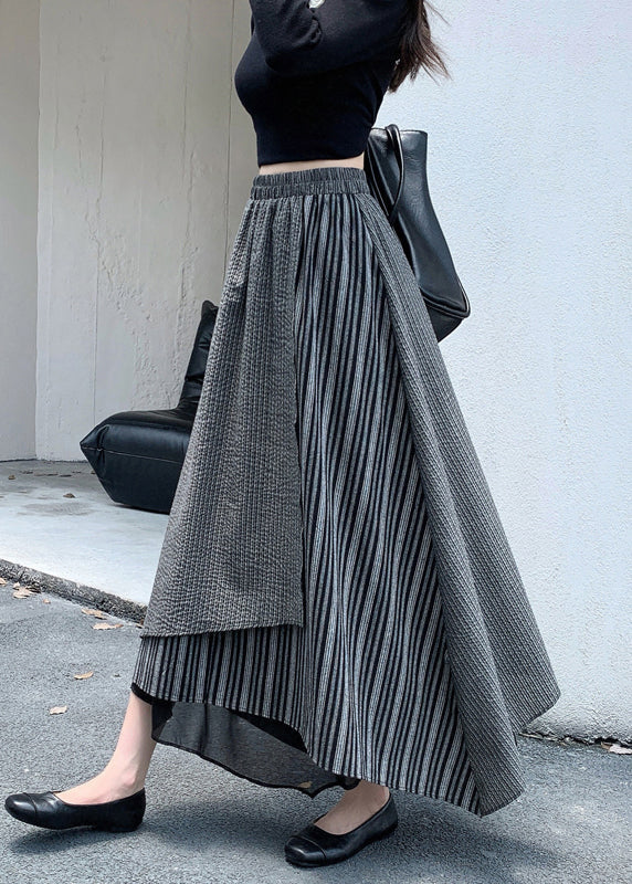 Italian Grey Asymmetrical Striped Elastic Waist Cotton Skirts Fall