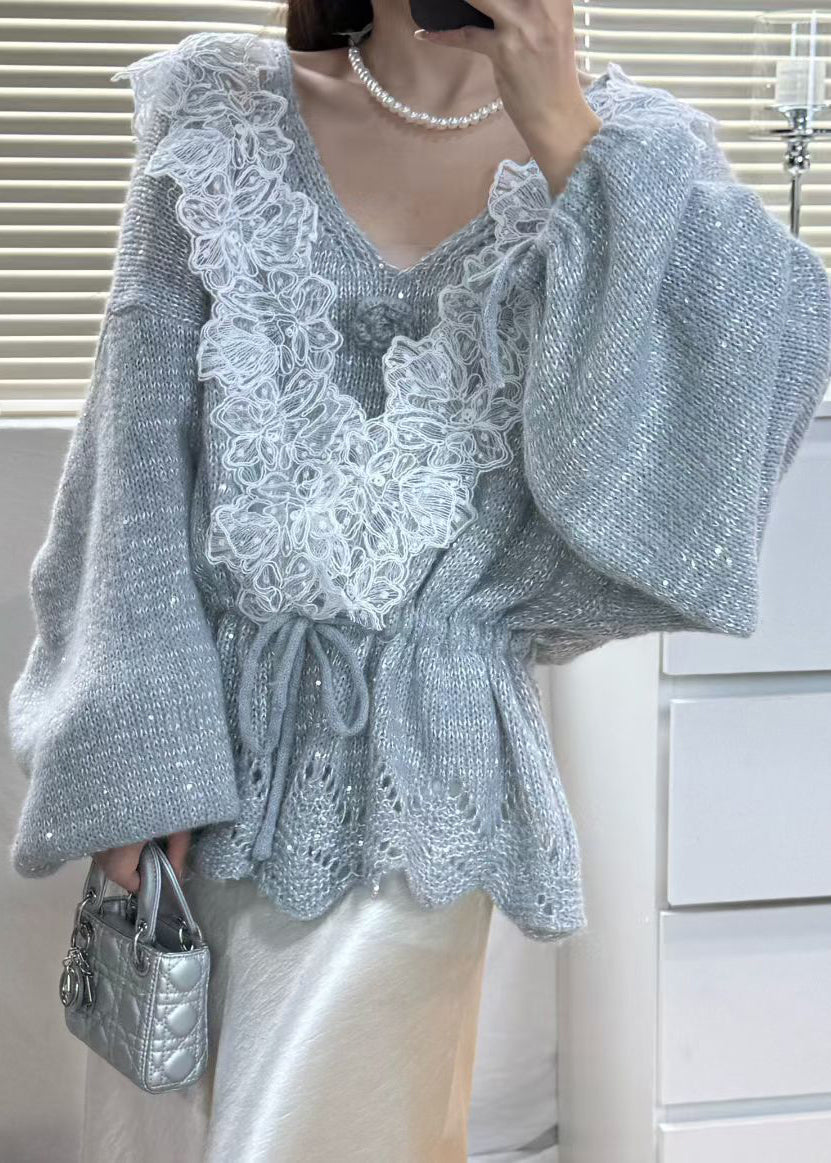 Italian Grey Cinched Patchwork Knit Women Sets 2 Pieces Fall