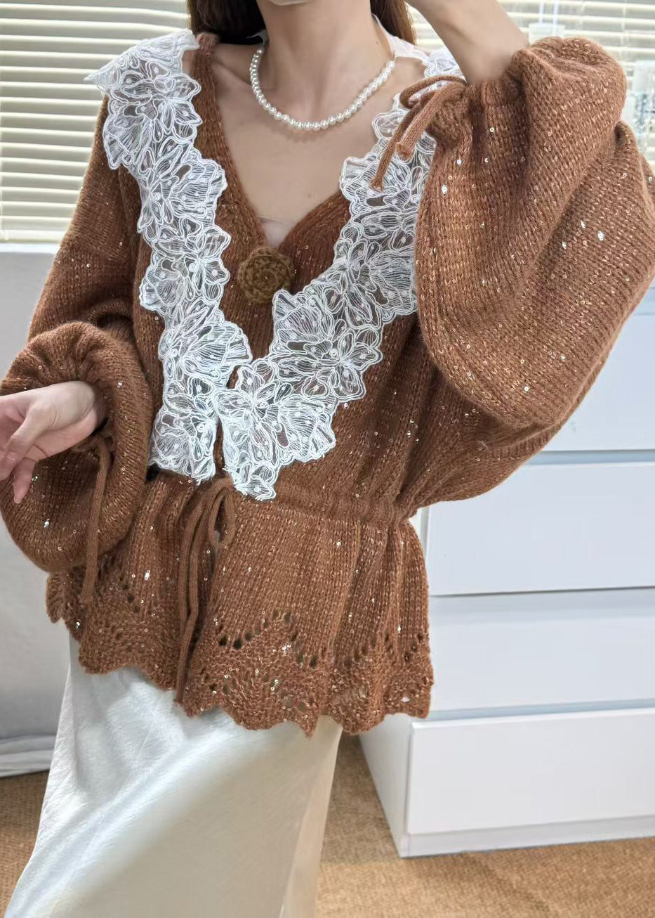 Italian Grey Cinched Patchwork Knit Women Sets 2 Pieces Fall