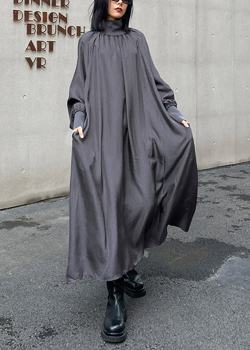 Italian Grey Hign Neck Patchwork Cotton Maxi Dresses Long Sleeve - Omychic