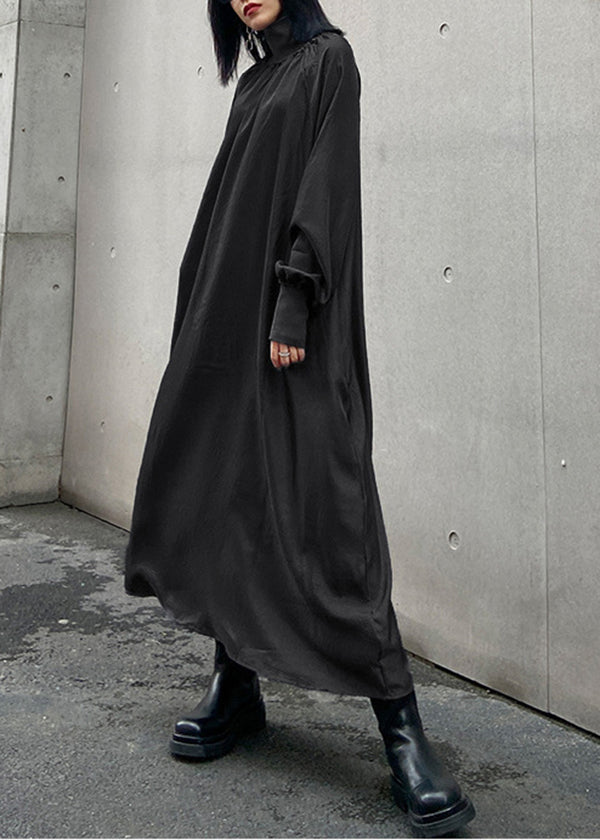 Italian Grey Hign Neck Patchwork Cotton Maxi Dresses Long Sleeve - Omychic