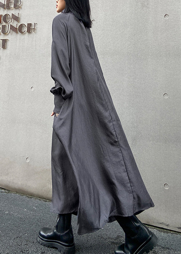 Italian Grey Hign Neck Patchwork Cotton Maxi Dresses Long Sleeve