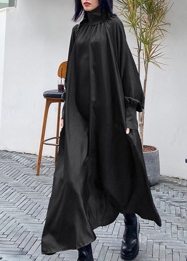 Italian Grey Hign Neck Patchwork Cotton Maxi Dresses Long Sleeve - Omychic