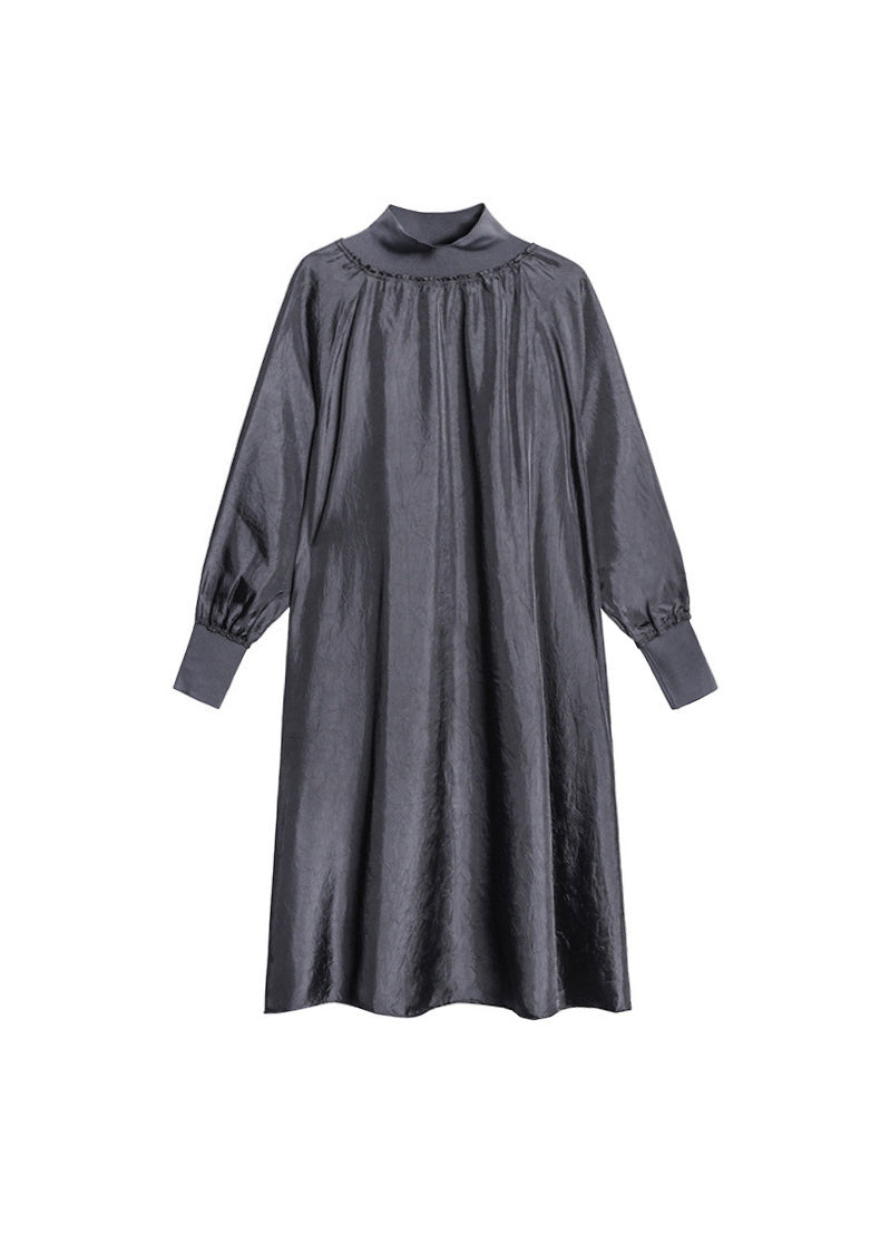 Italian Grey Hign Neck Patchwork Cotton Maxi Dresses Long Sleeve - Omychic